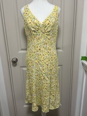 LOFT Yellow Floral V-Neck Midi Dress